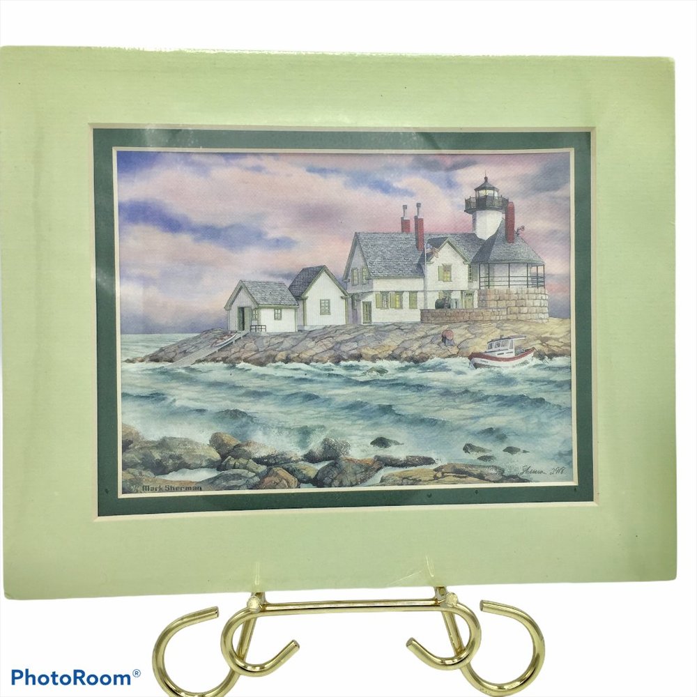 NOS Old Cuckolds Lighthouse ME Mark Sherman 8 x 10 In Watercolor Print